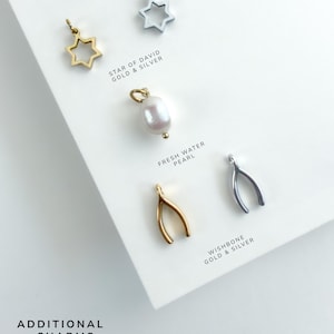May include: A collection of jewelry charms including gold and silver Star of David charms, a white freshwater pearl charm, and gold and silver wishbone charms. Text labels read STAR OF DAVID GOLD & SILVER, FRESH WATER PEARL, WISHBONE GOLD & SILVER, and ADDITIONAL CHARMS OPTIONS.