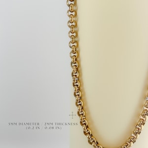 May include: A gold-toned rolo chain necklace featuring round interlocking links. The text on the image indicates a 5mm diameter and 2mm thickness, which corresponds to 0.2 inches and 0.08 inches respectively. The chain has a polished finish.