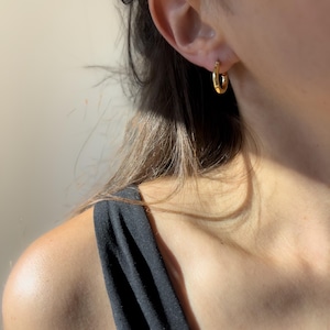 May include: A close-up shot of a gold hoop earring worn on an ear. The earring is a small, circular design with a polished finish. The person is wearing a black tank top.