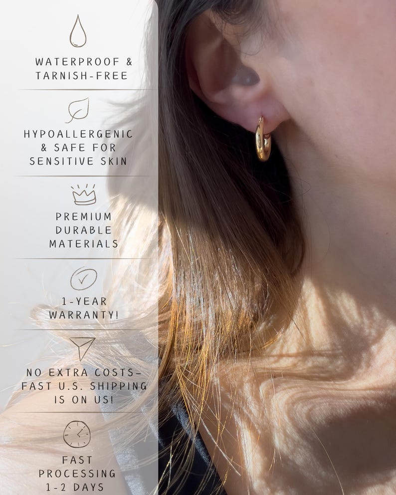 May include: A close-up of a gold hoop earring. The earring is worn on the ear of a person. Text on the left side of the image reads: WATERPROOF & TARNISH-FREE, HYPOALLERGENIC & SAFE FOR SENSITIVE SKIN, PREMIUM DURABLE MATERIALS, 1-YEAR WARRANTY!, and FAST PROCESSING 1-2 DAYS.