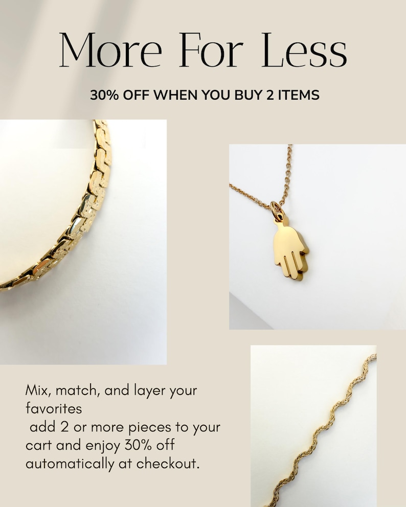May include: Gold-toned jewelry pieces, including a chain bracelet, a pendant necklace with a hand charm, and a wavy chain. The image includes the text "More For Less" and "30% OFF WHEN YOU BUY 2 ITEMS".