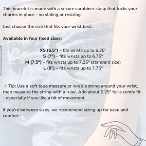 May include: An informational graphic titled Find Your Perfect Fit, detailing bracelet sizing with a carabiner clasp. It lists four fixed sizes: XS (6.5") for 6.25" wrists, S (7") for 6.75" wrists, M (7.5") for 7.25" wrists, and L (8") for 7.75" wrists.