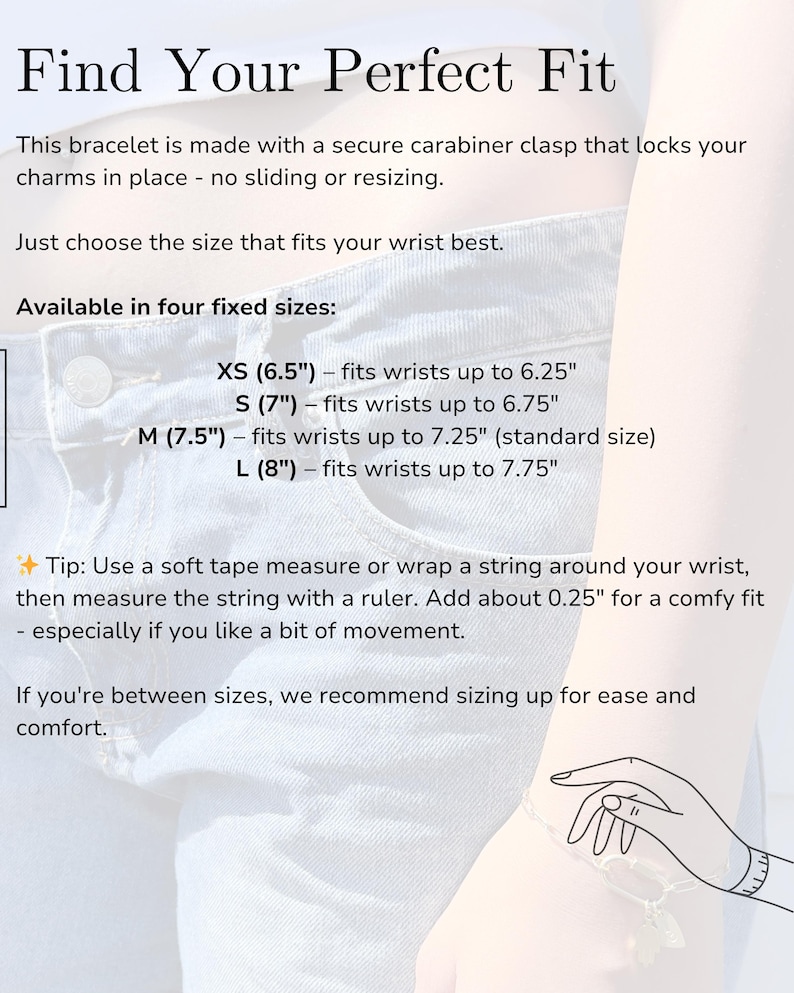 May include: An informational graphic titled Find Your Perfect Fit, detailing bracelet sizing with a carabiner clasp. It lists four fixed sizes: XS (6.5") for 6.25" wrists, S (7") for 6.75" wrists, M (7.5") for 7.25" wrists, and L (8") for 7.75" wrists.