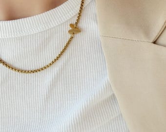 Heart Necklace – Box Rolo Chain | Waterproof Necklace | 2mm Stainless Steel Chain | 14K Gold Asymmetrical Heart Necklace | Mother's Day Gift