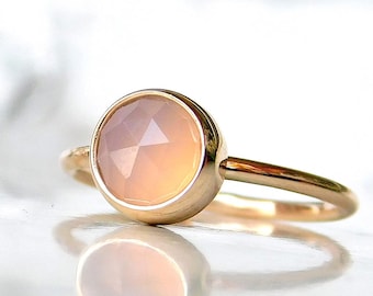 Solid gold ring with rose quartz, rose cut quartz, gold ring with round rose quartz, 14K gold rose quartz ring - stacking ring