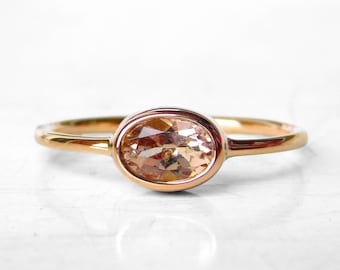 Morganite ring - solid gold morganite ring - oval morganite - peach morganite ring