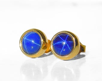 Sapphire gold earrings - Star sapphire studs - solid gold earrings with round star sapphire - sapphire stud - star sapphire