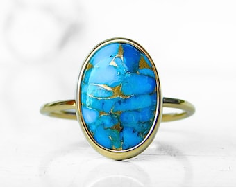 Solid Gold ring with blue turquoise - oval turquoise in gold ring