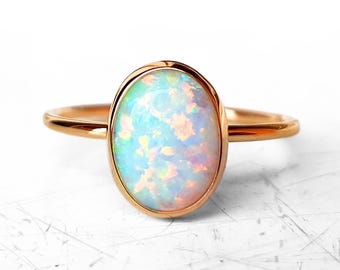 Solid gold ring with opal - oval opal ring - white opal ring - sterling silver ring - stacking opal ring