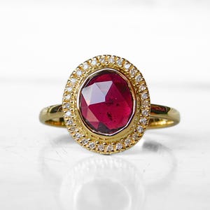 Massive gold ring with garnet and diamonds - rose cut rhodolite garnet and diamonds - effective gold ring with red rhodolite - handmade ring