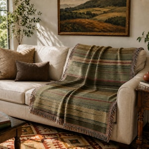 Farmhouse Throw Blanket, Earth Tone Striped Blanket, Cottagecore Cabin Decor, Woven Winter Sofa Throw, Rustic Cozy Fringe Throw