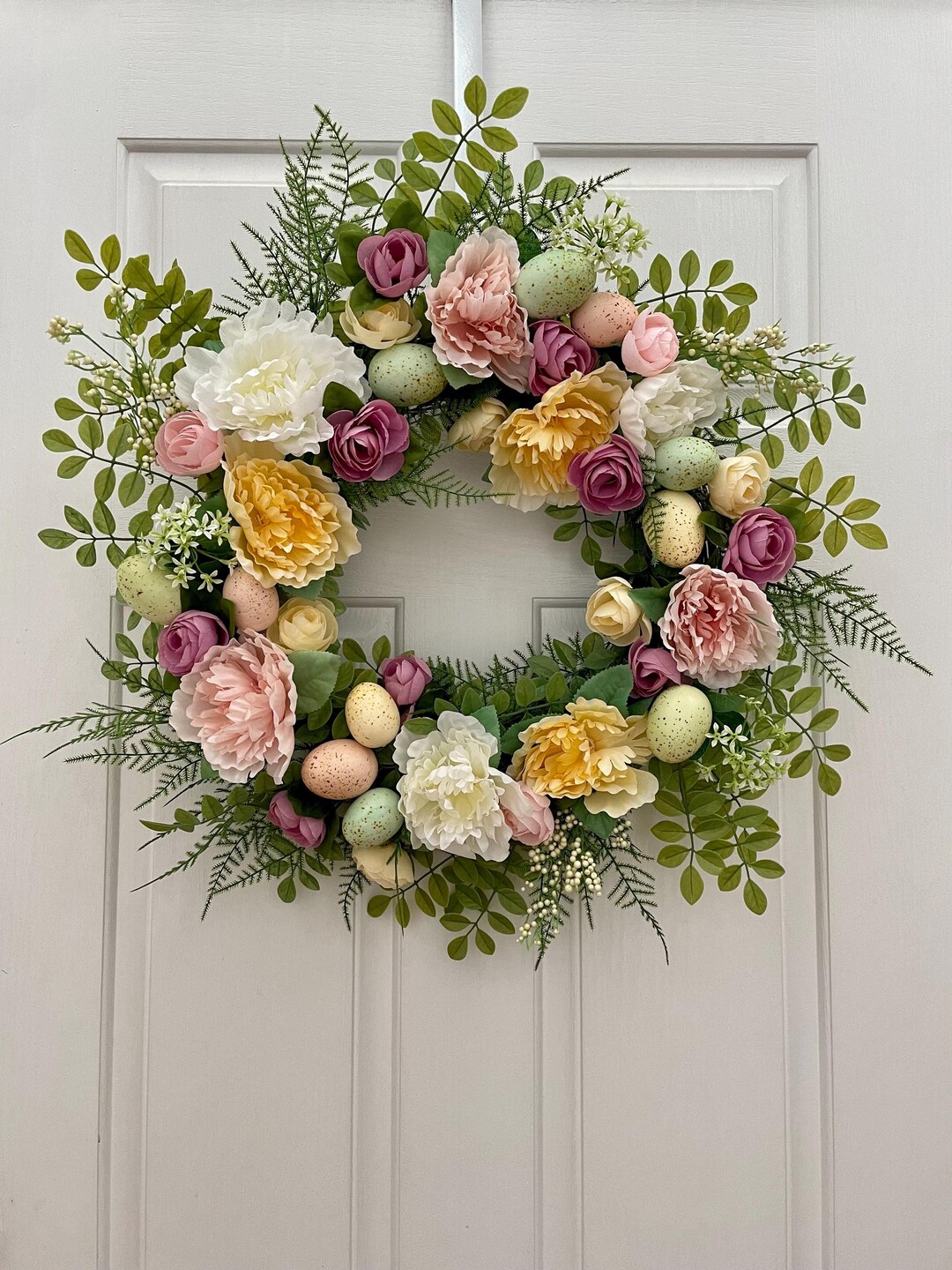 Pastel Easter Egg Wreath With Faux Peonies, Ranunculus, Heather, White ...