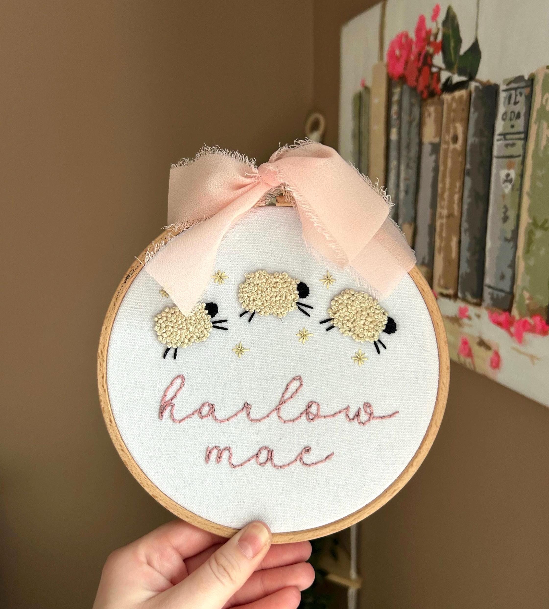 Hand Embroidered Name Hoop With Sheep, Sheep Baby Name Sign, Custom Name Sign, Hospital Bassinet Sign, Animal Baby Name Sign, Name Hoop