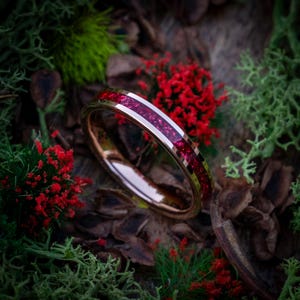 Unique Rose Gold Tungsten Ring Featuring Ruby Red Opal Inlay - Men&#39;s Wedding & Engagement Option