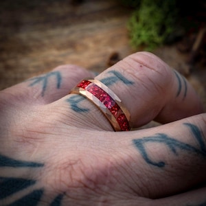 Rose Gold Tungsten Ring 8mm | Ruby Red Opal Inlay | Faceted Men's Wedding Band | Comfort Fit | Engraving