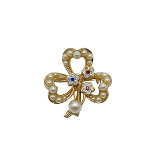 Vintage Gold-Tone Shamrock Brooch With Faux Pearls & Rhinestone Flowers