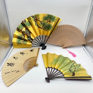 Set Of 4 Vintage Japanese Sensu Folding Hand Fans Painted Designs & Calligraphy