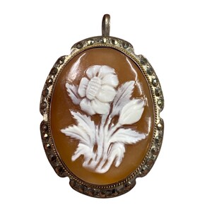 Antique 800 Sterling Silver Hand Carved Floral Cameo Shell Pin Brooch Pendant