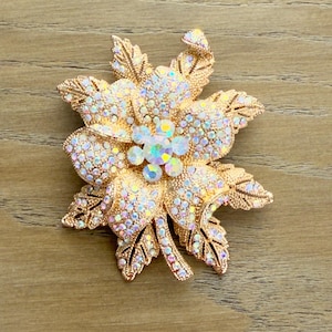 Vtg Gold-Tone Rhinestone Flower Brooch Pin Statement Sparkling AB Crystals