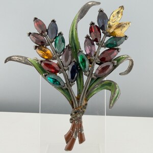 Vintage Pot Metal Floral Brooch Enamel Rhinestone Large 4" READ