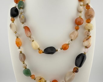 Vintage Beggars Bead Necklace Polished Stone Opera Length 32"