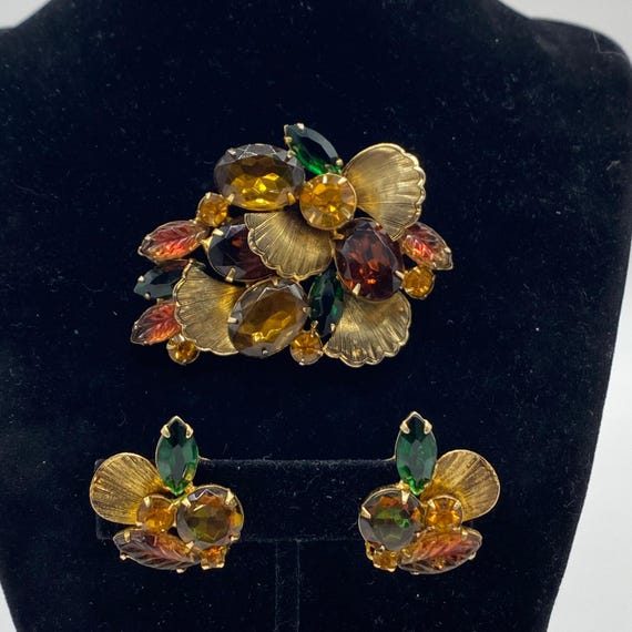 Vtg Juliana D&E Brooch Earrings Set Multicolor Rhinestones Green