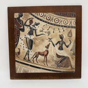 Vintage Greek-Inspired Ceramic Tile Wall Art With Wood Frame
