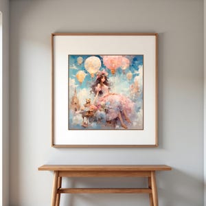 May include: A painting of a girl in a pink dress sitting on a cloud with a teddy bear. She is surrounded by hot air balloons in the sky. The background is a cityscape.