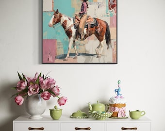 Boho Cowgirl Art Print: Pastel Western Horseback Rider (Digital Download)