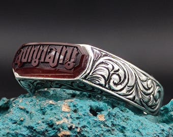 Silver Men&#39;s Ring with Kalima Tawhid Written on Agate Stone, Light Modern Design, Muslim Ring, Islamic Jewelry, Gift for My Husband
