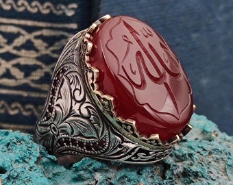 ALLAH Carved Agate Stone, Hand Carved Agate Stone, Islamic Silver Ring Gift for Men, Handmade Silver Ring, Gift for Men, Gift for Husband