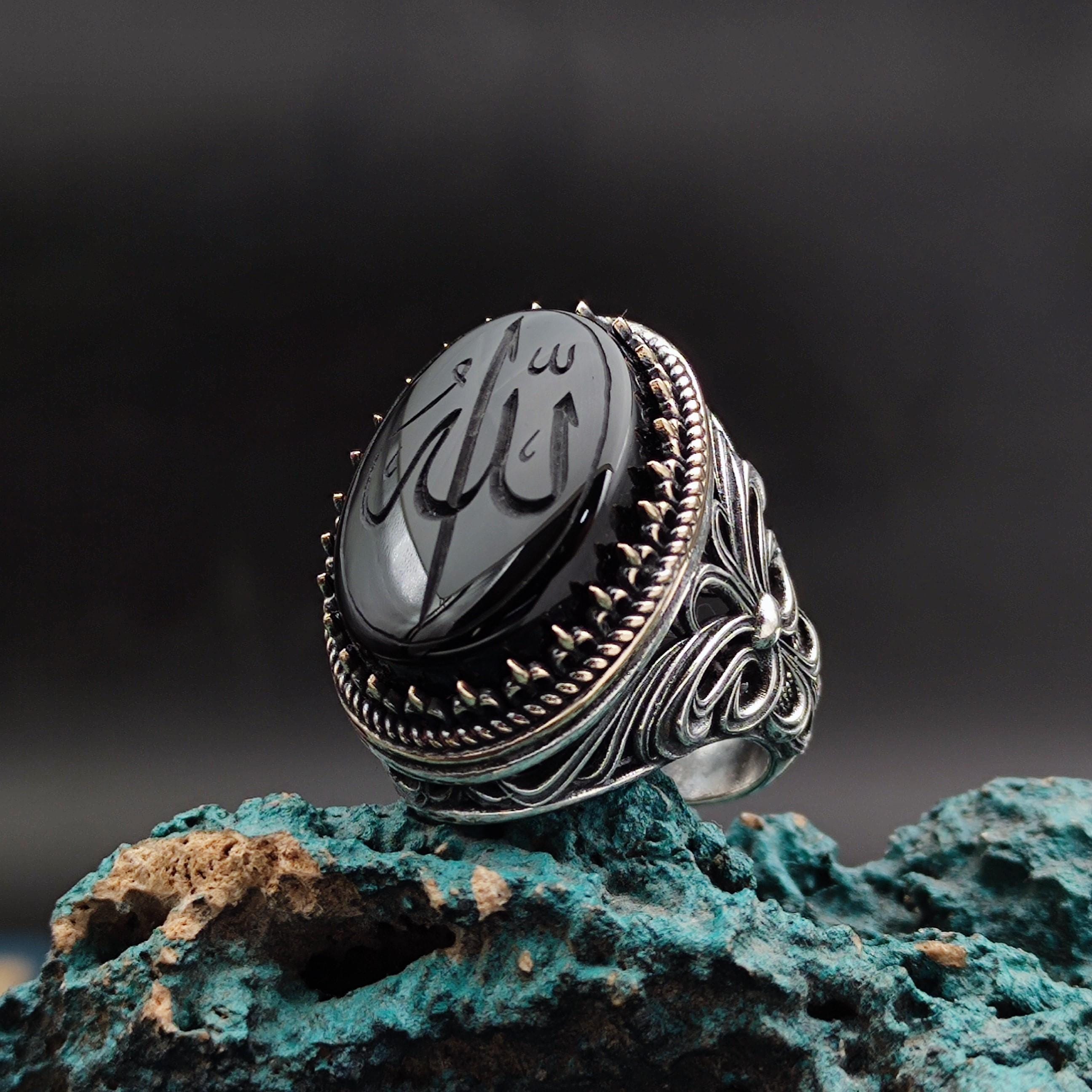 ALLAH Carved Onyx Stone, Hand Carved Onyx Stone, Islamic Silver