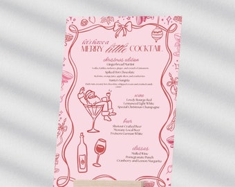 Christmas Bar Menu Card, Hand Drawn Christmas Drink Menu, Pink Christmas Bar Menu Template, Printable Bar Menu, Christmas Cocktail Menu