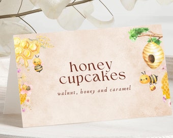 First Beeday Food Tent Card, Editable Honey Bee Food Label, Girls 1st Birthday Food Tags, Folded Food Cards, Honeycomb & Beehive Decor, S1