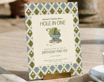 ゴルフをテーマにした1歳の誕生日招待状、ホールインワンパーティー招待状、モダンミニマリストデザイン（デジタルダウンロード）