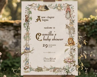 Storybook Baby Shower Welcome Sign Template, A New Chapter Begins Sign, Once Upon a Time Baby Shower Sign, Editable Canva Template