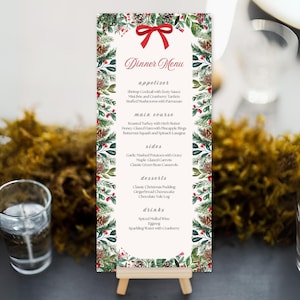Plantilla de menú con vegetación invernal navideña, tarjeta de menú con lazo rojo, menú de mesa para cena de brunch navideña, menú clásico minimalista para recibir invitados en las fiestas