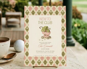 クラブに新しく入会した女の子のためのベビーシャワー招待状、ゴルフテーマ、ピンクアーガイル柄（デジタルダウンロード）