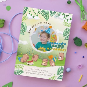 Capybara Kids Birthday Invitation Template, Watercolor Cute Capybara Kids Birthday Invite Card with Editable Photo, Animals Boys Birthday
