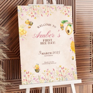 1st Beeday Welcome Sign Editable Template, First Bee Day Welcome Poster, Honey Bee Birthday Party Theme, Boho Floral Watercolor Decor, S1