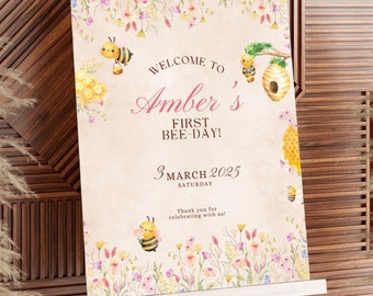 1st Beeday Welcome Sign Editable Template, First Bee Day Welcome Poster, Honey Bee Birthday Party Theme, Boho Floral Watercolor Decor, S1