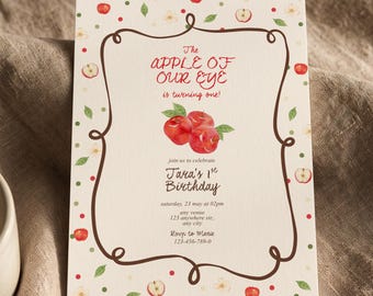 Apple Of Our Eye First Birthday Invite Template | Fall Rustic Orchard Whimsical One Year Old Party Invitation | Apple Picking Country Decor