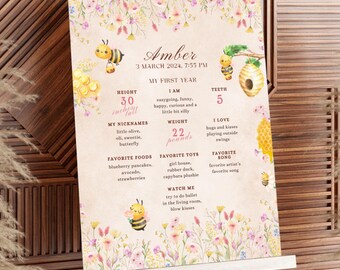 Girls First Birthday Bee Milestone Board Template, Baby&#39;s 1st Year Milestone Poster, Printable 1st Bee-day Stats Sign, Bumblebee Beeday, S1