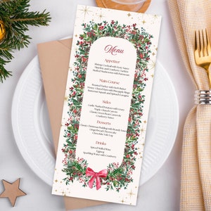 Plantilla de menú navideño, tarjetas de menú de mesa navideñas brillantes, menú de cena de moño, menú de comida y bebida botánica, menú de evento de restaurante, muérdago
