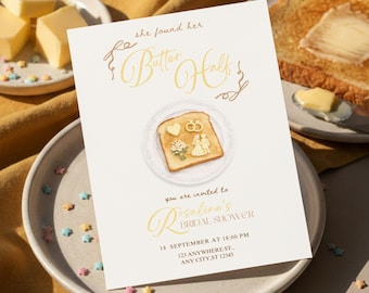 She Found Her Butter Half ブライダルシャワー招待状、Butter Bridal Brunch 招待状、Butter Theme ブライダルシャワーテンプレート