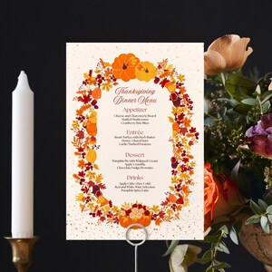 Plantilla de menú de Acción de Gracias, menú editable con flores de otoño, menú para cena de otoño, menú imprimible para cena de Acción de Gracias, menú digital de Acción de Gracias