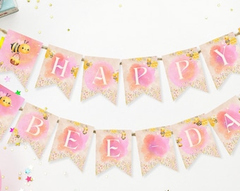 Girls First Birthday Happy Bee Day Banner, Honey Bee Bday Party Decor, Bumble Bee Printable Garland, Boho Floral, Honey Comb 1st Beeday, S1