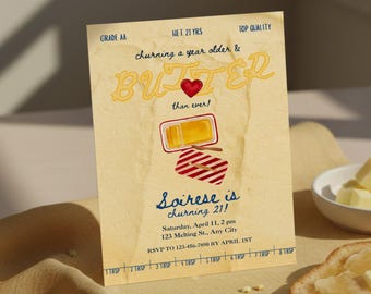 バターをテーマにした誕生日招待状、一年の歳を重ねてバターが今まで以上に美味しくなる招待状、編集可能なCanvaテンプレート