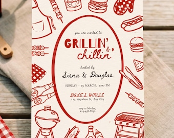 BBQ Backyard Barbecue Invitation, Editable Chillin and Grillin Invite, Vintage Americana Cookout Invite, Hand-drawn Doodle Summer Party