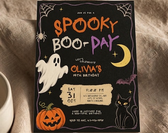 Invitation d'anniversaire d'Halloween effrayante | Invitation mignonne pour une fête d'anniversaire rétro vintage | Décoration de fête sombre classique | Modèle Canva modifiable